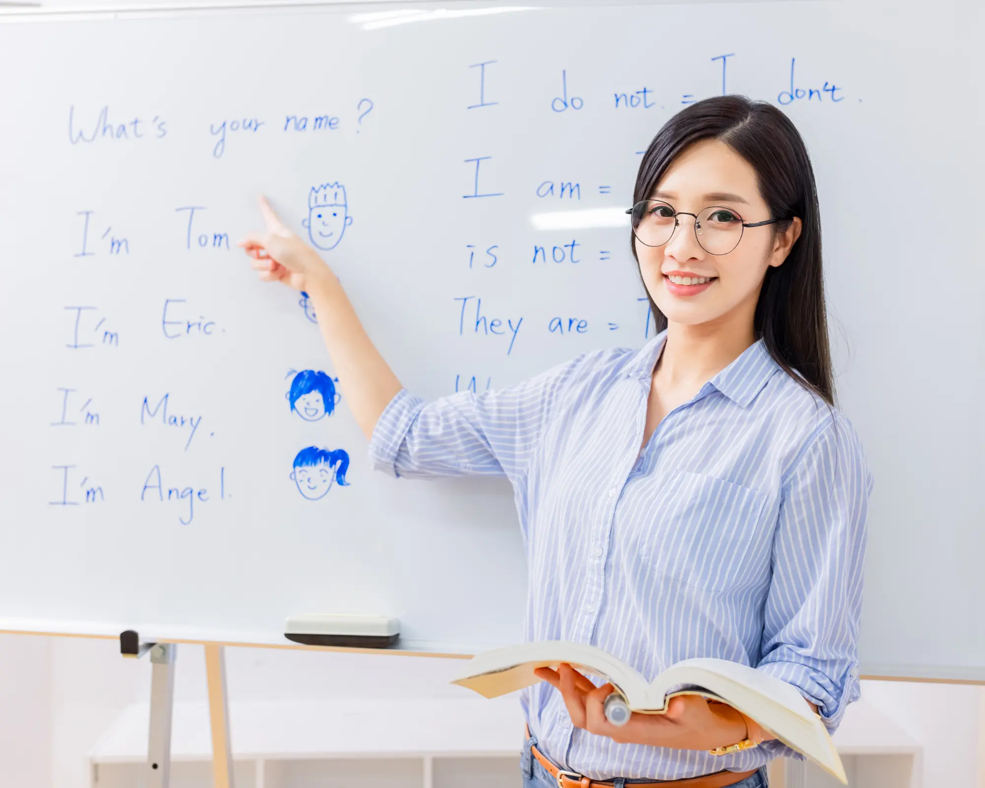 An English teacher explaining sentence patterns on a whiteboard